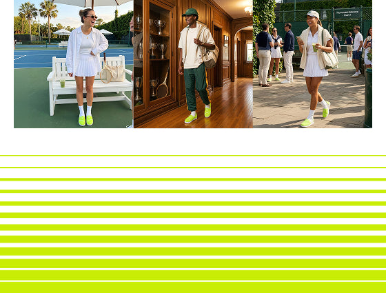 Triptych image of models in Women's Alpargata Plus Neon Yellow Tennis Felt and Men's Alp FWD Neon Yellow Tennis Felt in tennis court & club setting.