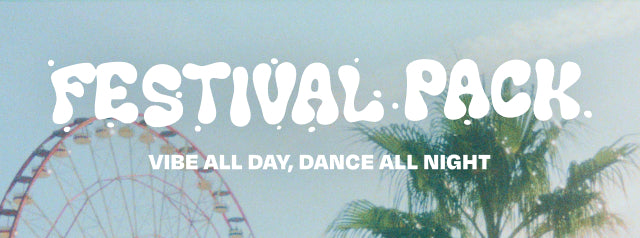 FESTIVAL PACK. VIBE ALL DAY, DANCE ALL NIGHT. Festival scene background.