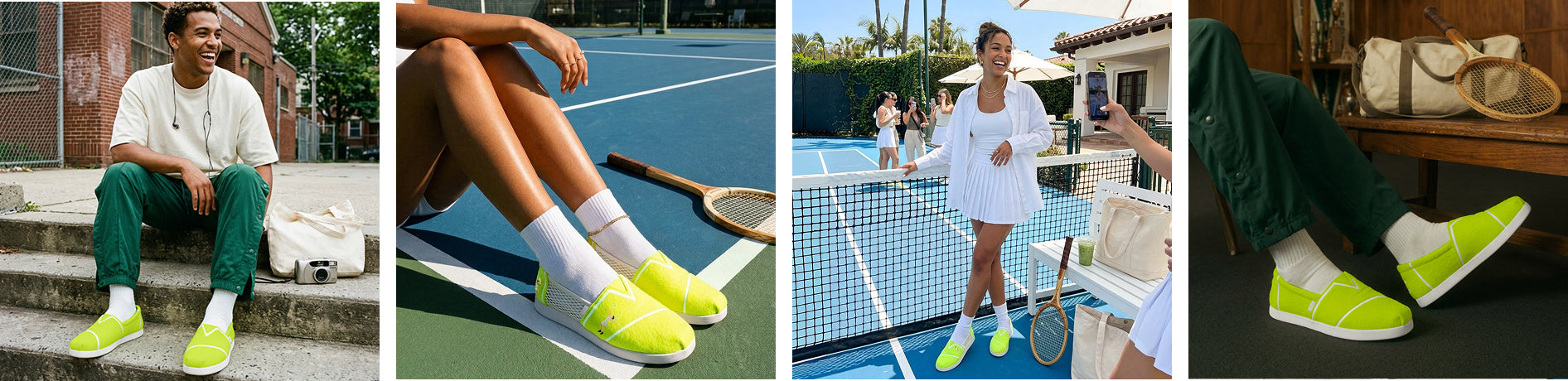 Four models in Men's Alp FWD and Women's Alp Plus in Neon Yellow Tennis Felt.