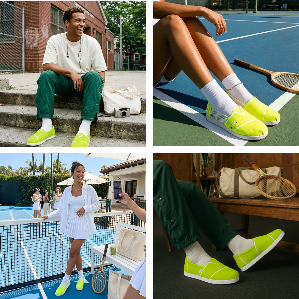 Four models in Men's Alp FWD and Women's Alp Plus in Neon Yellow Tennis Felt.