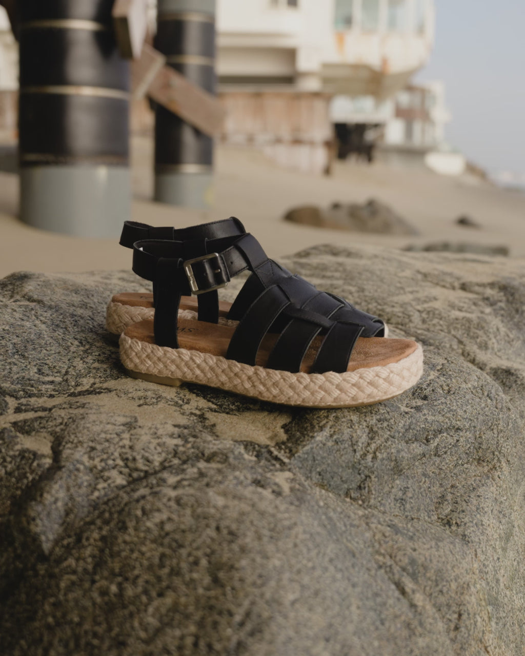 jac fisherman black leather sandal up close detail shots