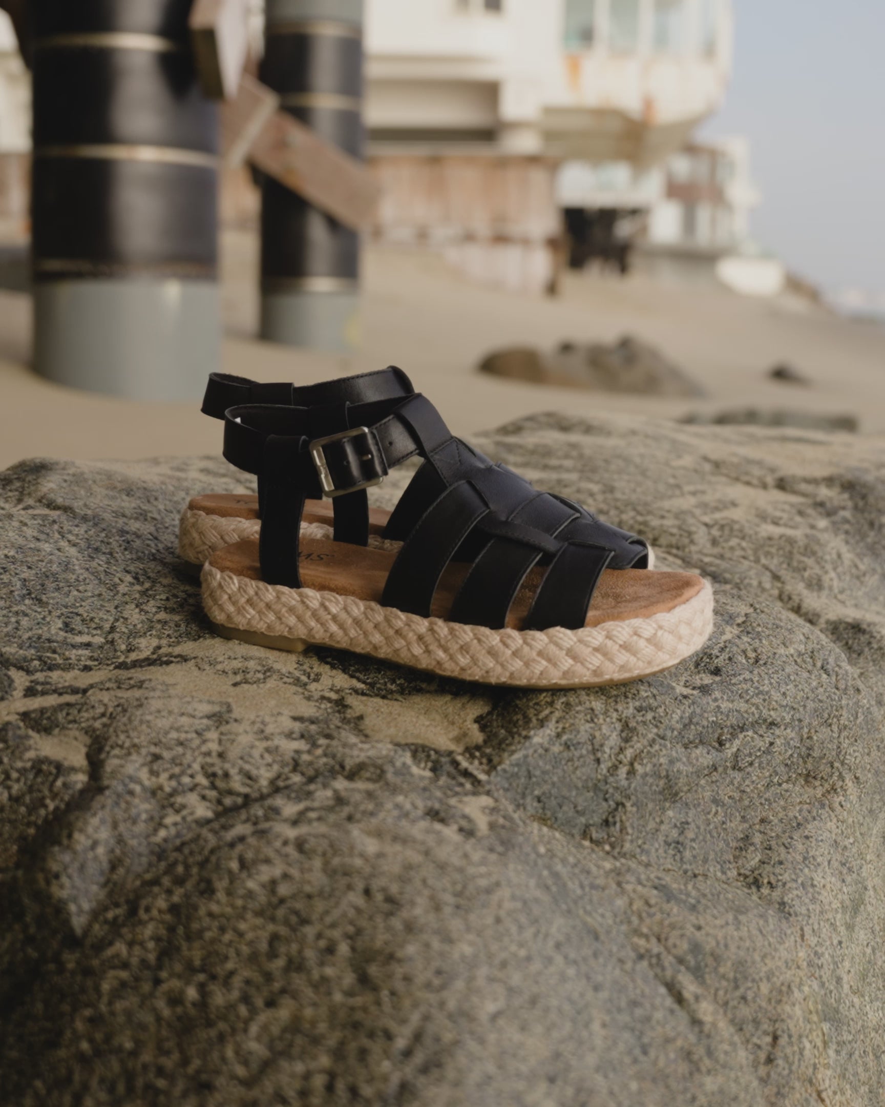 jac fisherman black leather sandal up close detail shots