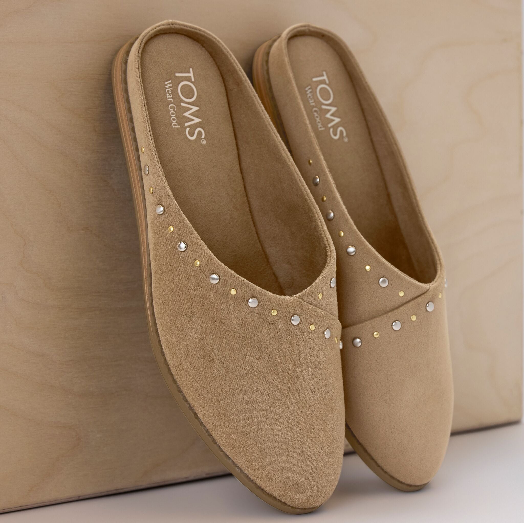 Laydown image of the Womens Amelia Mule Taupe Microsuede with Studs