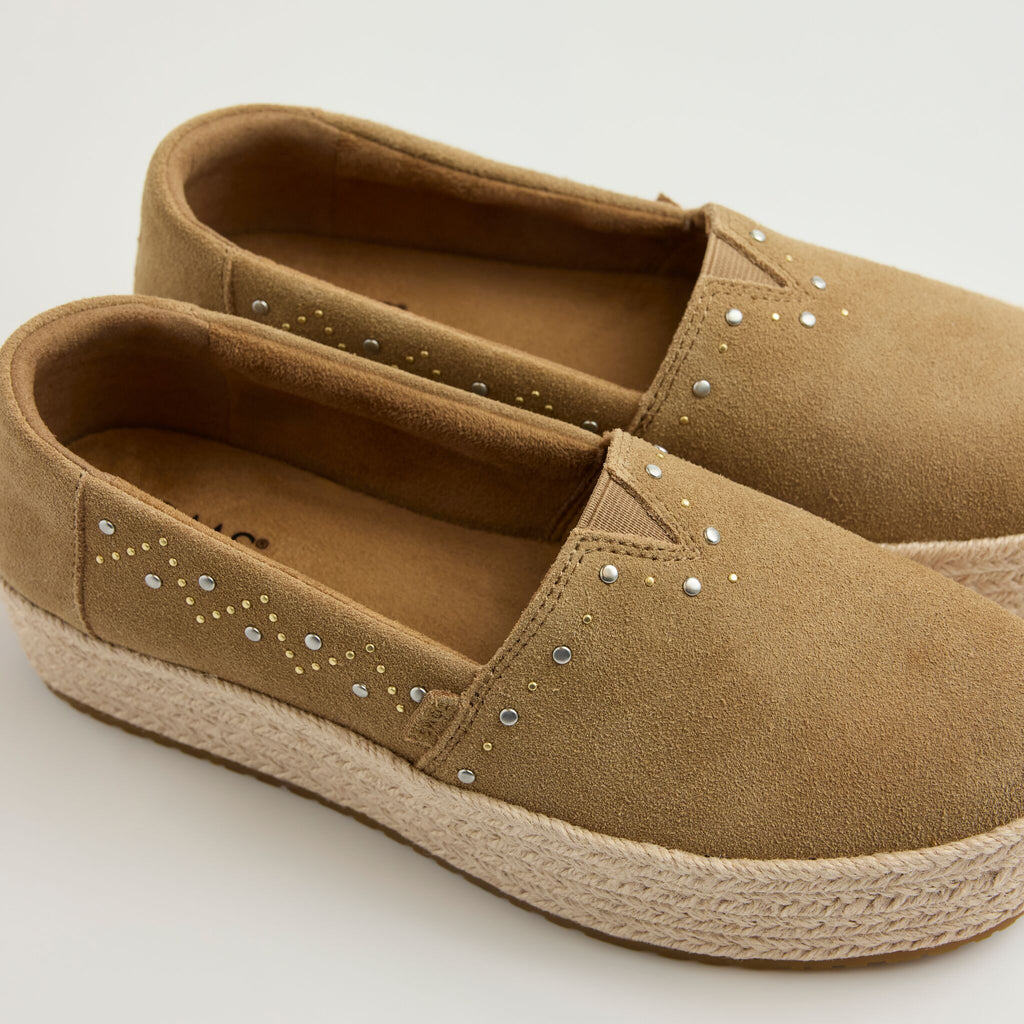 Laydown detail image of the toffee suede Valencia platform espadrille with stud details
